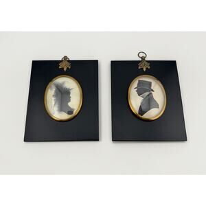 Antique Pair Of Regency Miniature Silhouettes Convex Glass Oval Frames on Wood